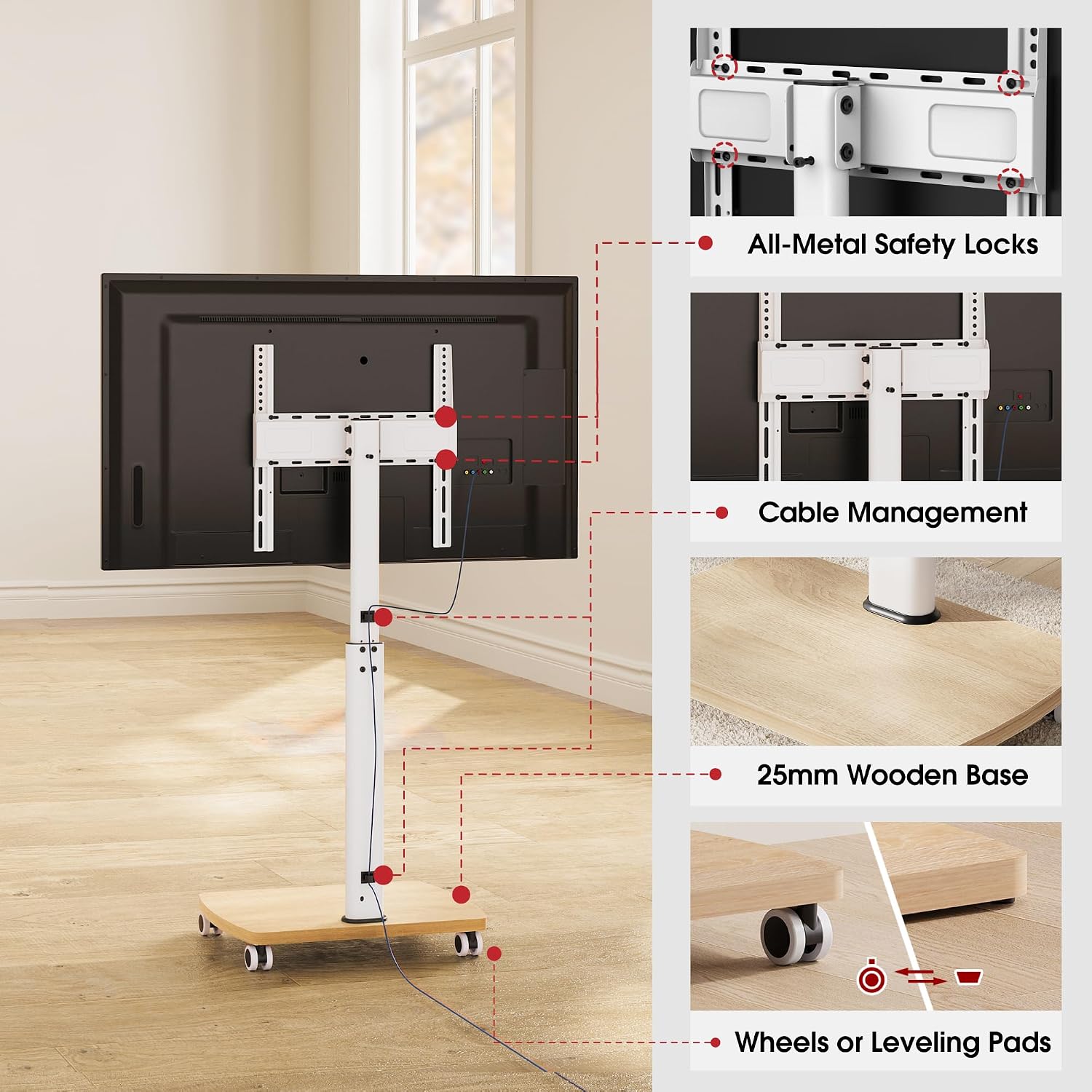 Detalle 2 de AOKCOS Rolling TV Stand for 32–65-Inch TVs