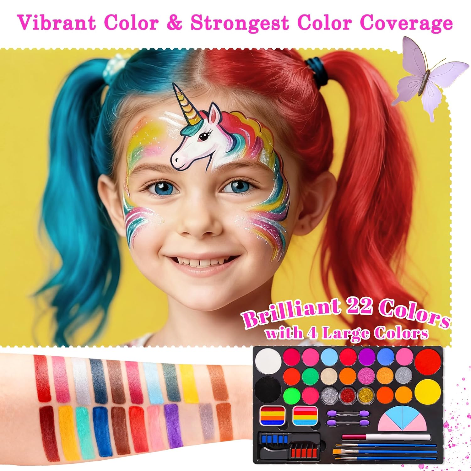 Detalle de Mekkyes Kinderschminke-Set mit 22 Farben, waschbar – inklusive Tattoos, Schablonen & Anleitung