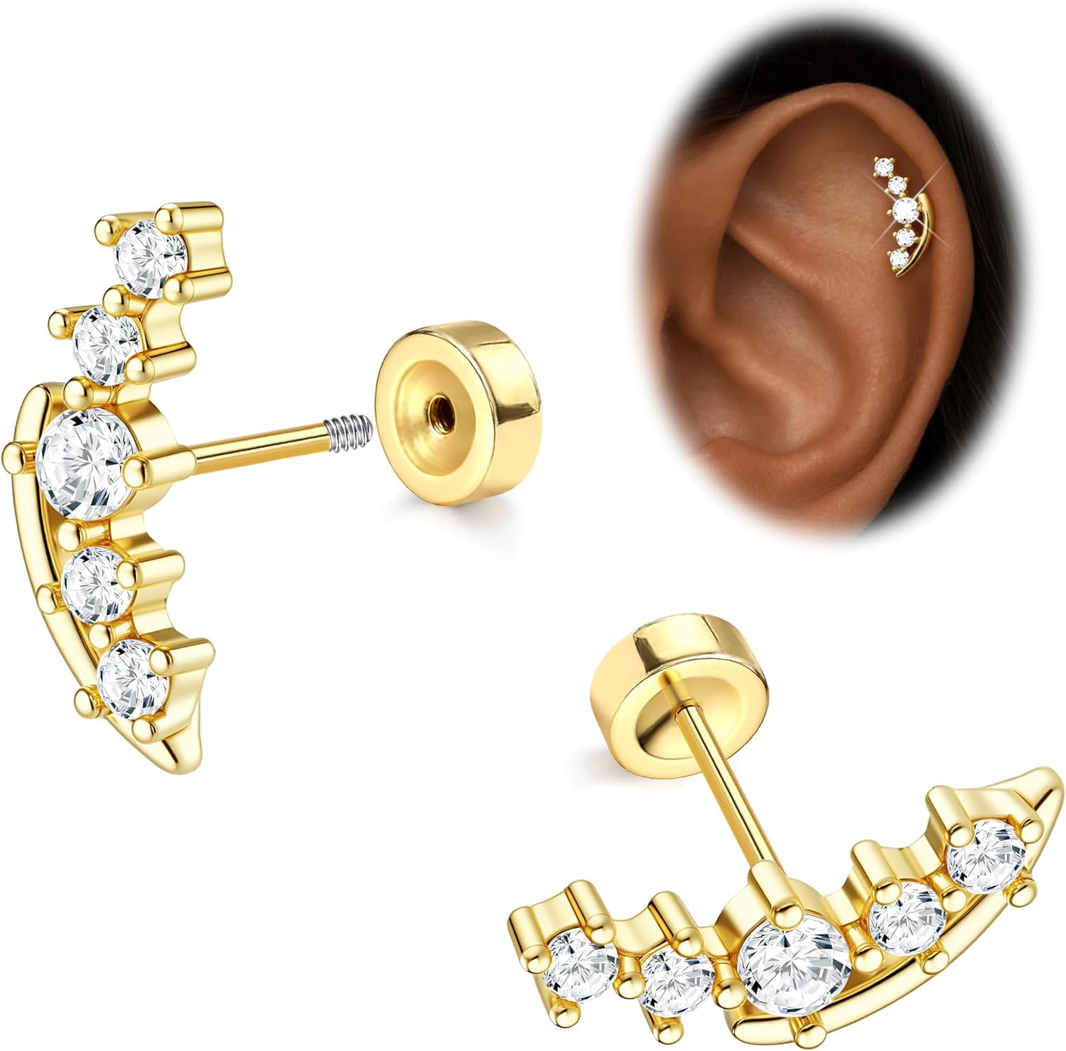 Thumbnail 6 de Morfetto Helix Piercings Chirurgenstahl Flatback 16G – Gold/Silver hypoallergene Ohrstecker für Knorpel, Tragus & Conch