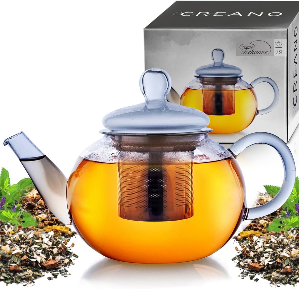 Detalle de Creano 061 platte glazen theepot 800 ml met RVS-filter en borosilicaatglas