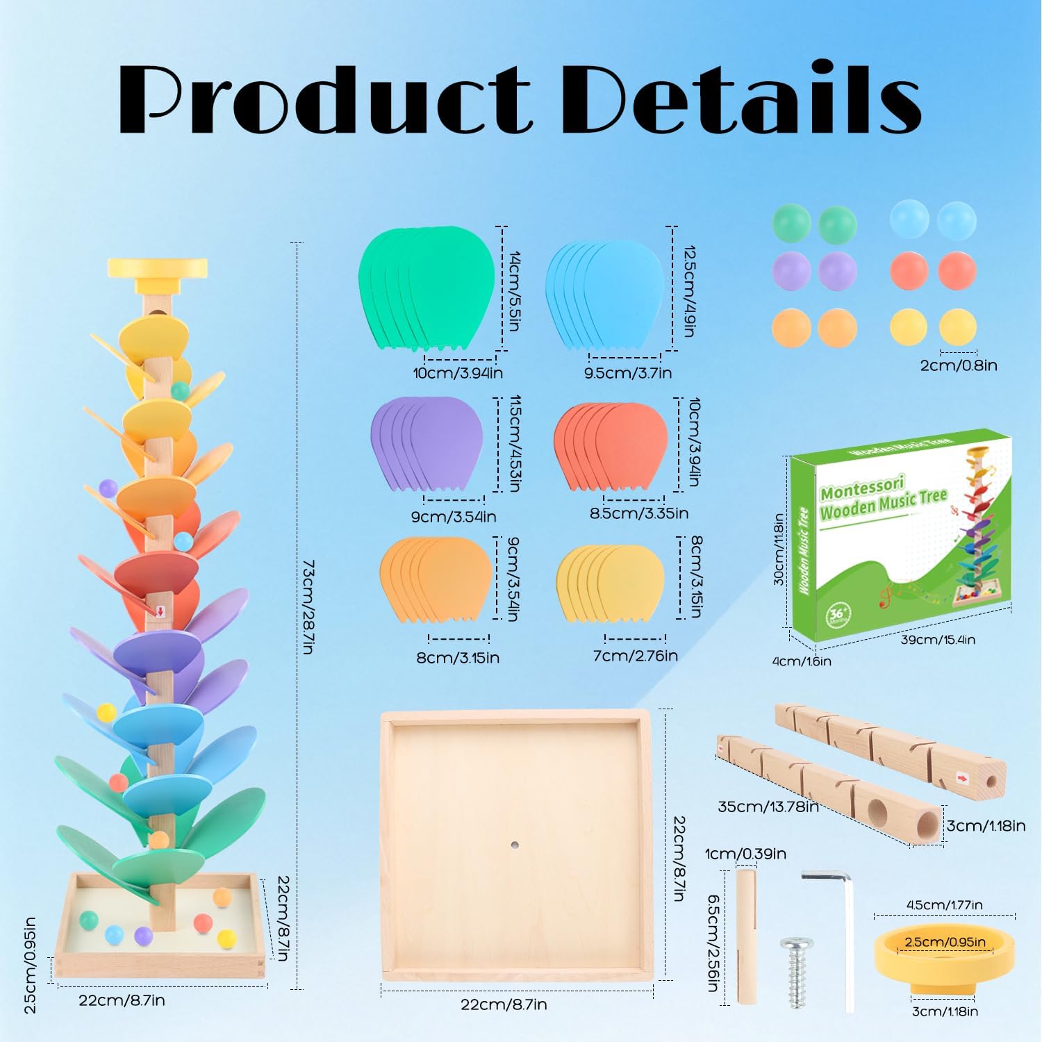 Detalle de Wooden Marble Run Music Tree Toy for Kids (49-Piece Set, Ages 3–5)