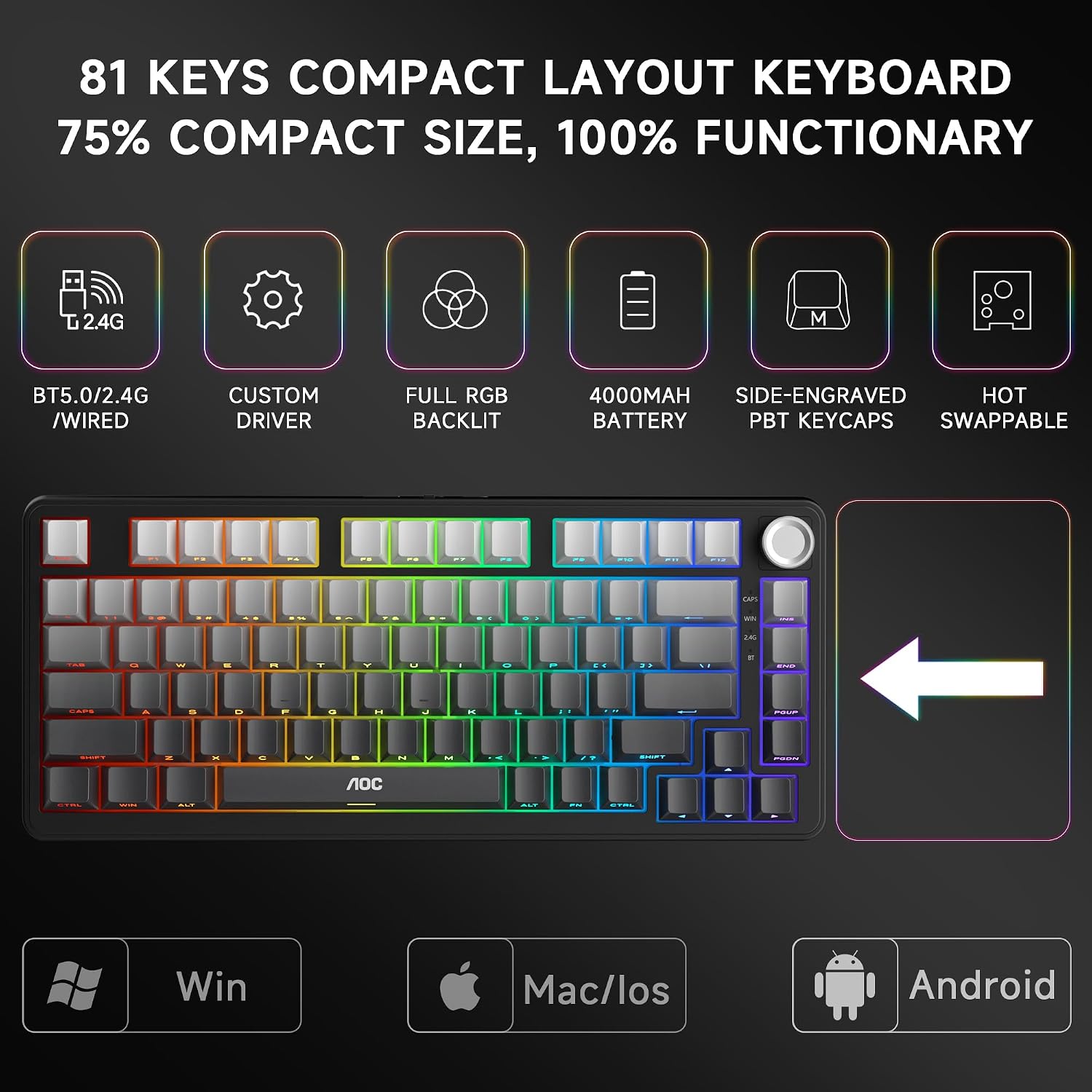 Detalle 2 de AOC GK330 Hot-Swappable 75% Wireless Keyboard