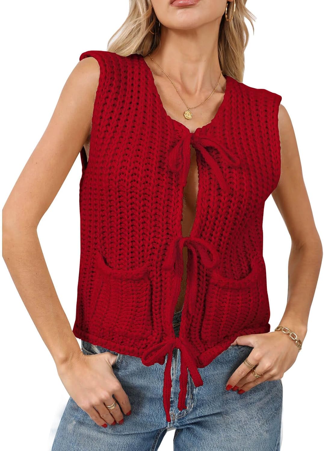 Detalle de Crochet Knit Sweater Vest with Pockets