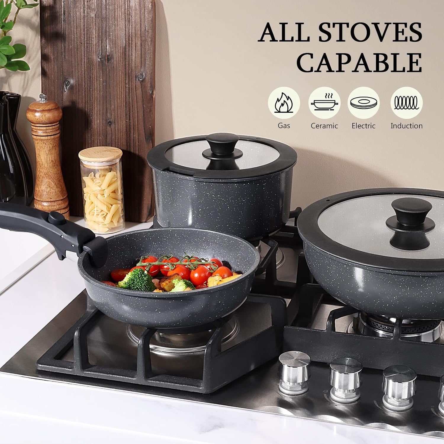 Detalle de GiPP 3-Piece Non Stick Pots and Pans Set with Detachable Handle (Grey Granite, PFOA Free)