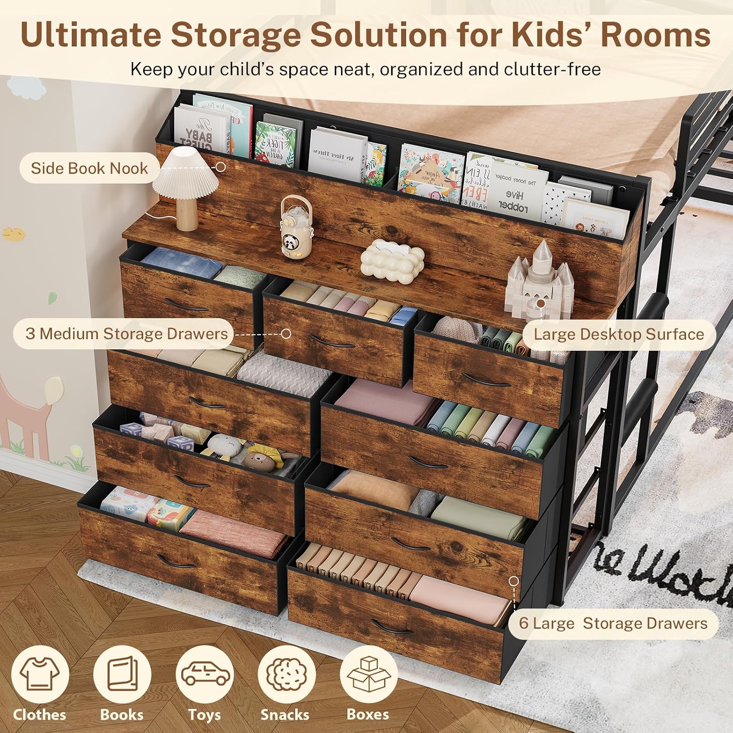 Detalle de Twin-over-Twin Metal Bunk Bed with 9 Drawers