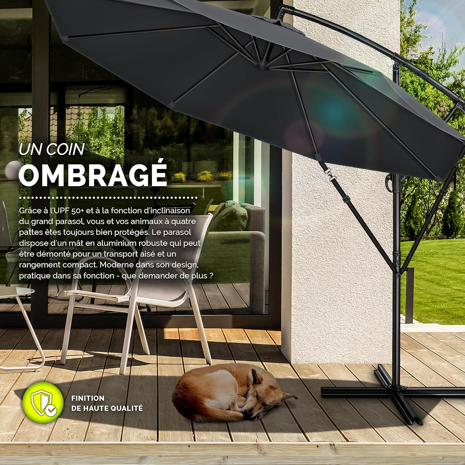 Thumbnail 6 de Tillvex Parasol déporté hexagonal 3 m avec manivelle et pied robuste – protection UV et déperlance