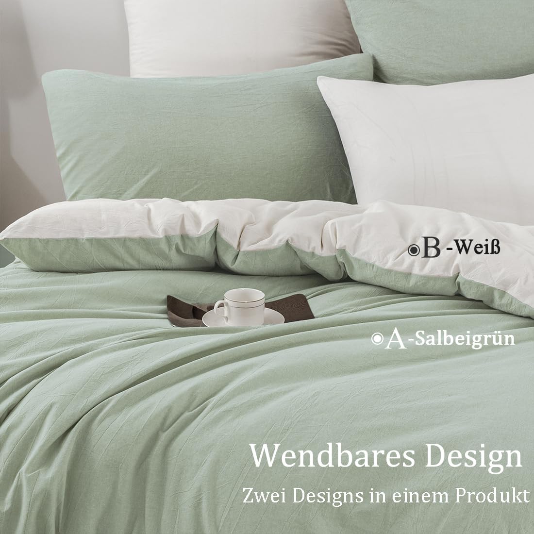 Detalle 2 de Nesture Bettwäsche-Set 135x200 aus 100% gewaschener Baumwolle in Salbeigrün/Weiß (2-teilig)
