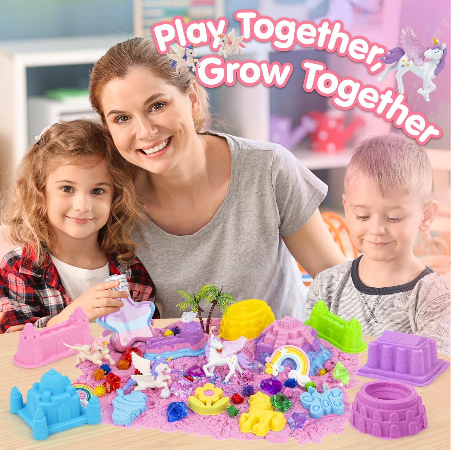 Detalle 2 de snookids Einhorn-Sandspielzeug-Set mit Himmelssand, 24 Formen & Aufbewahrungsbox (690 g)