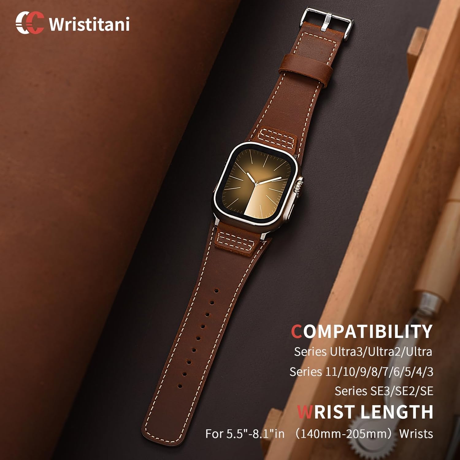 Thumbnail 1 de Wristitani bracelet en cuir Crazy Horse pour Apple Watch (44/45/46/42/49/40/41/38 mm) – série 10 à SE