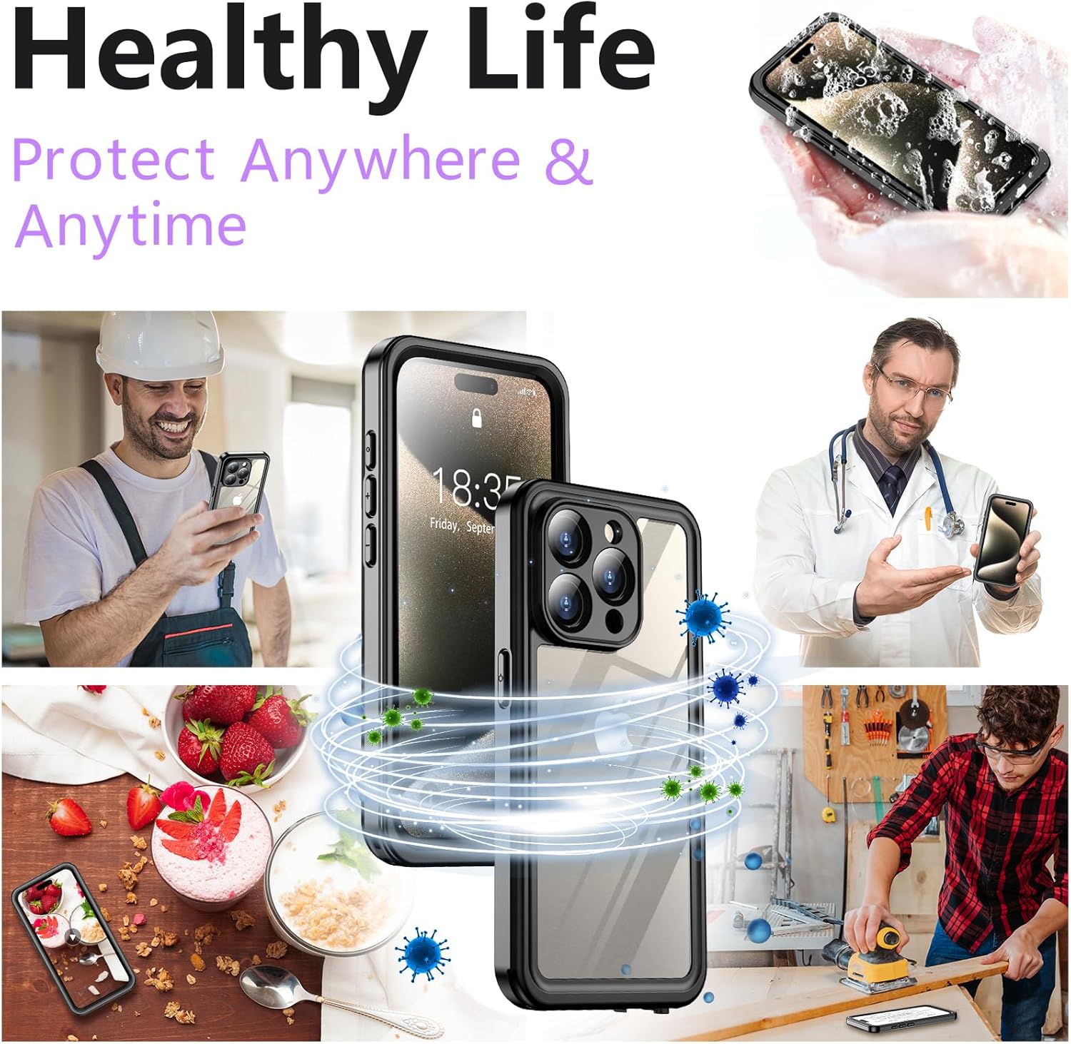 Thumbnail 5 de SPIDERCASE for iPhone 15 Pro Waterproof Case (IP68, Built-in Screen & Lens Protector) — Black