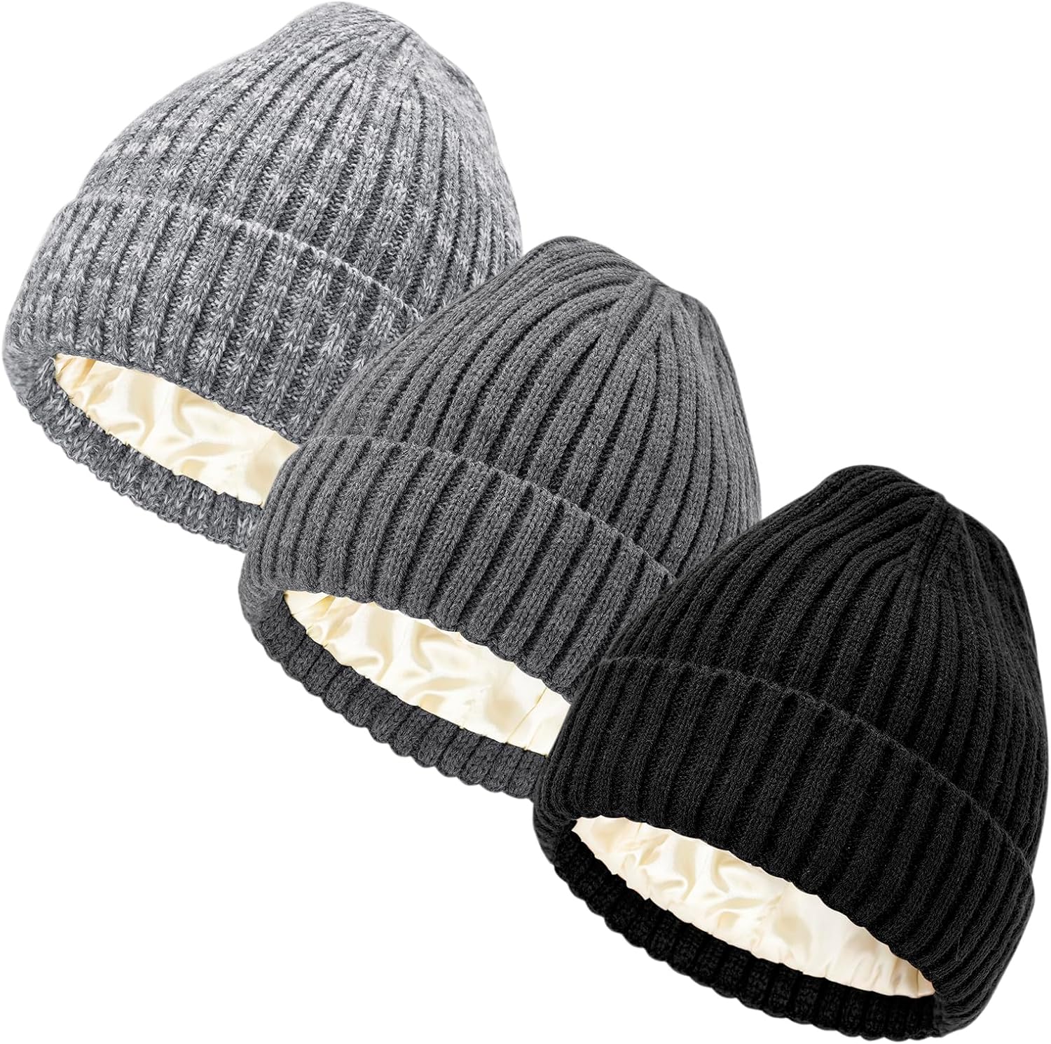 Detalle de DRESHOW Satin Lined Beanie Hats for Women and Men – Soft, Warm Knit with Silk Satin Lining (3-Pack)