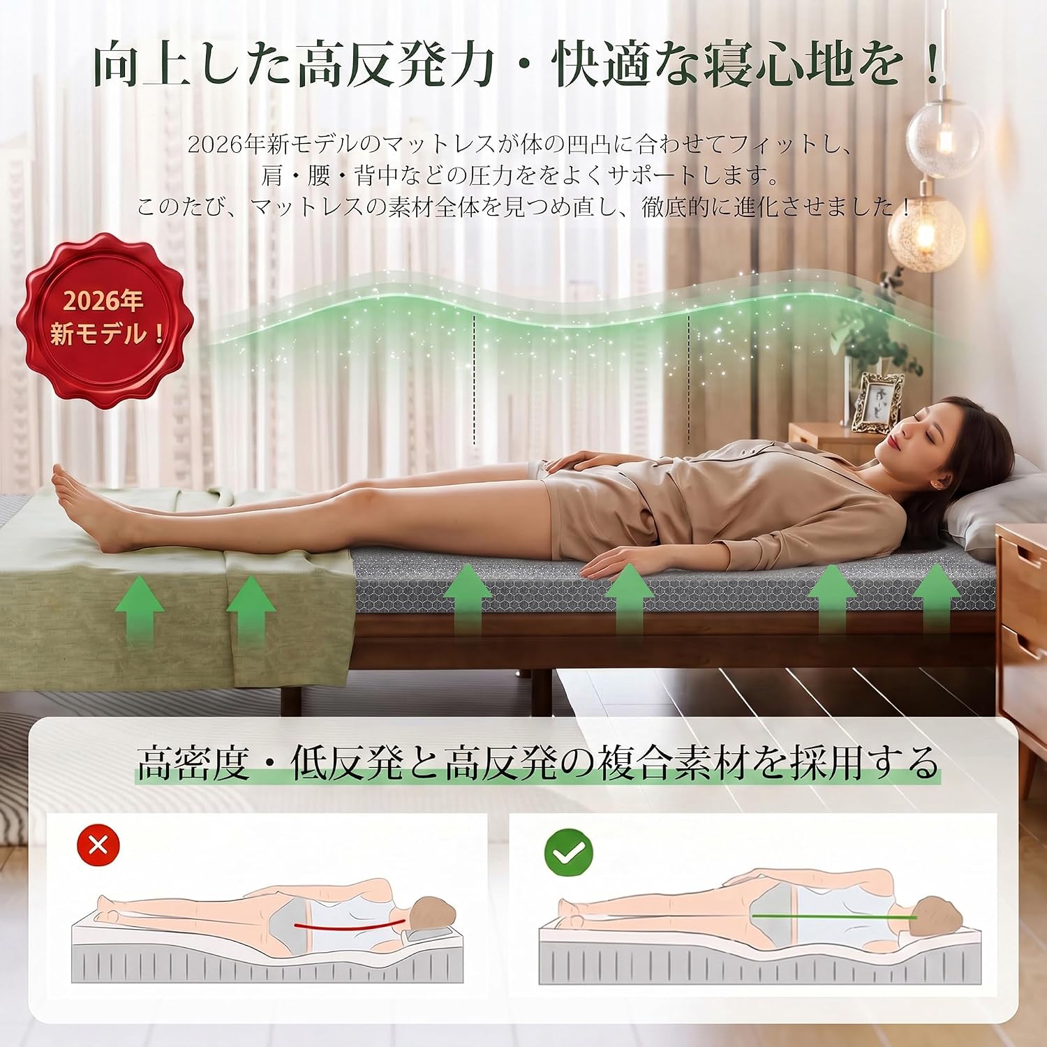 Detalle de VECELO AJ-CD5-GRY 高反発マットレス ダブル 140×200×4cm 通気性・洗えるカバー
