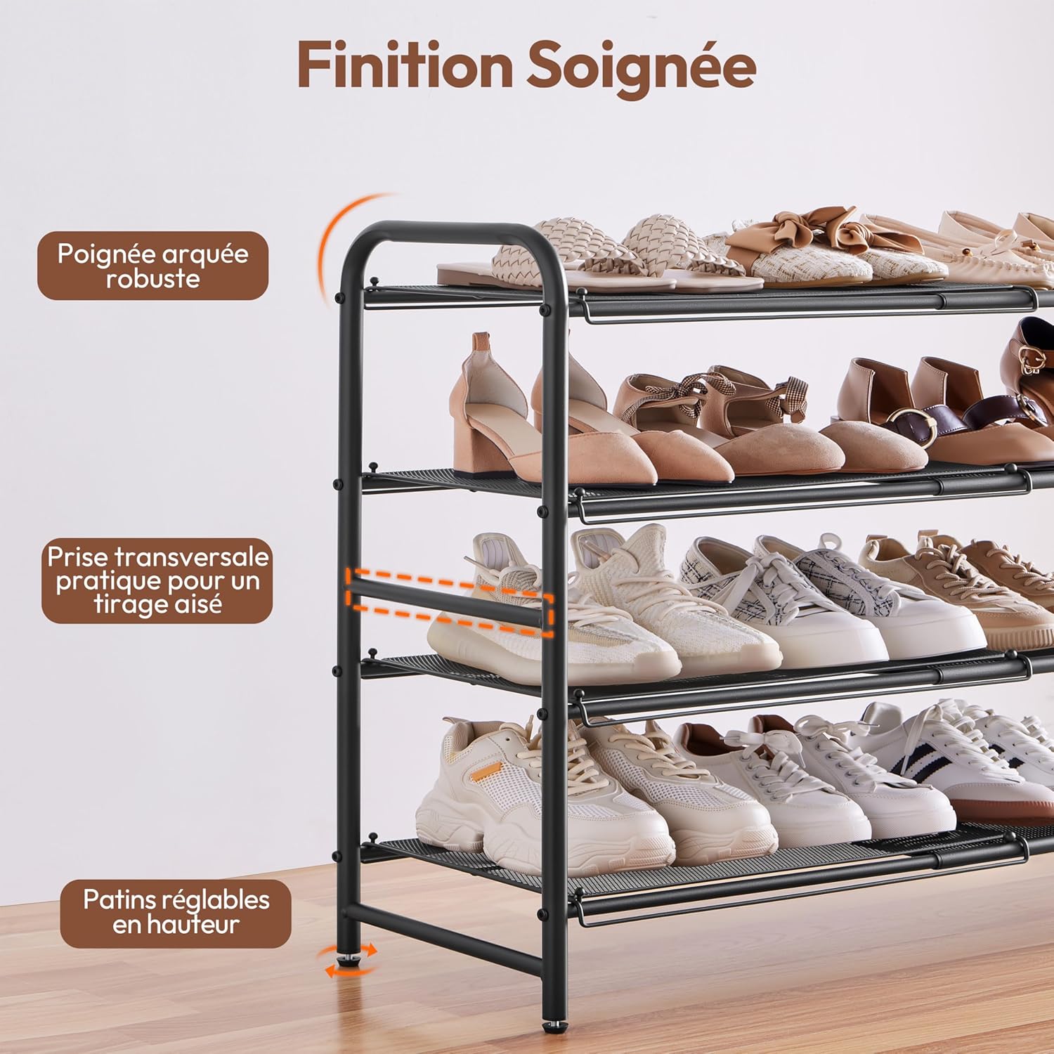 Thumbnail 4 de Yaheetech Étagère à chaussures extensible 4 niveaux (50–84,5 cm) en maille métallique pour 15–20 paires, noire