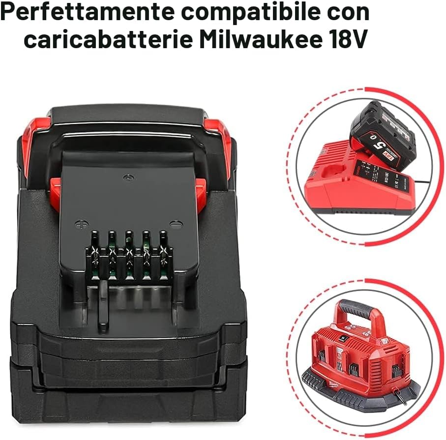 Detalle de Powarobor M18B5 18V 5.0Ah: Batteria di Ricambio agli ioni di litio per Milwaukee M18 (2 pezzi)