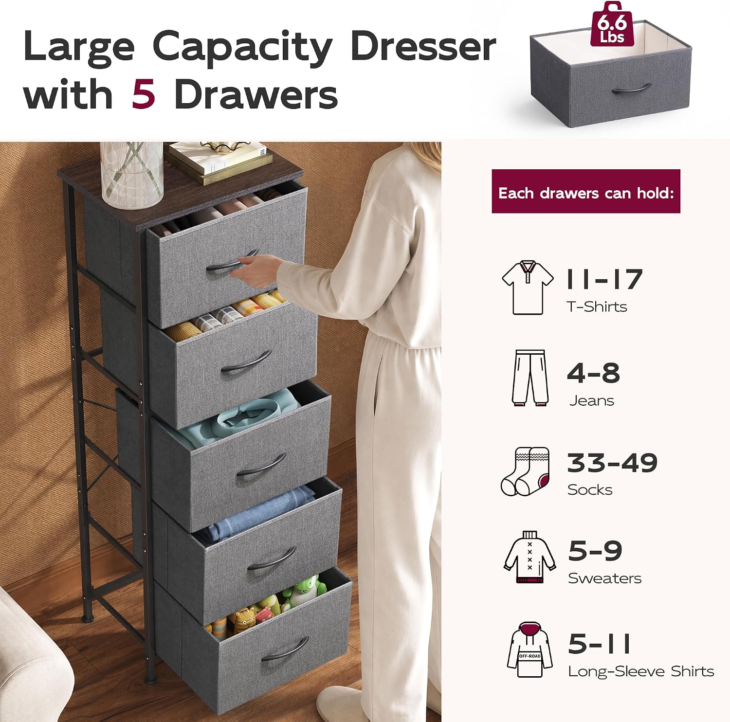 Detalle de WLIVE ASNG090HH Tall Fabric Dresser, 5 Drawers, Dark Gray