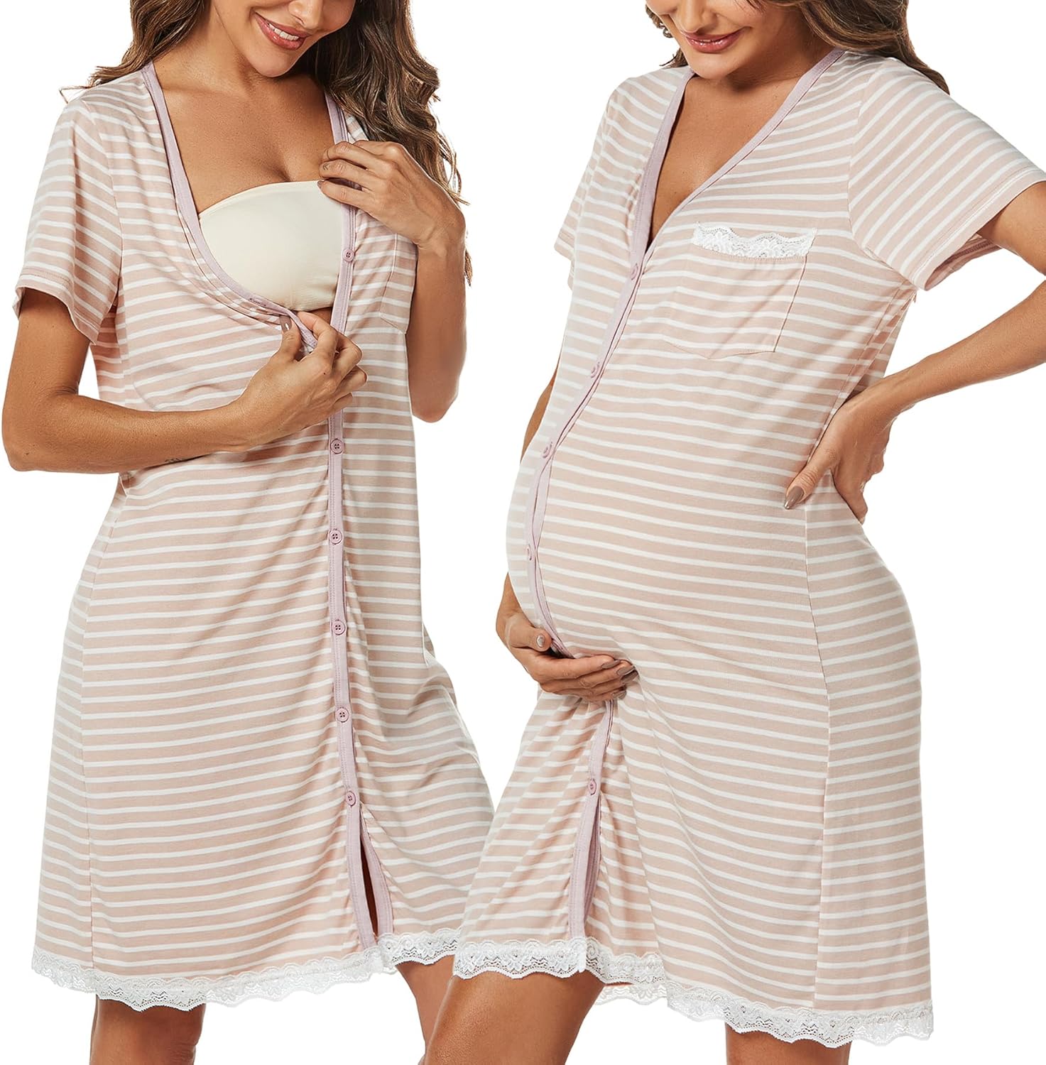 Thumbnail 6 de Uniexcosm Chemise Nuit Allaitement Maternité en Coton – Col en V, Rayures, Manches Courtes