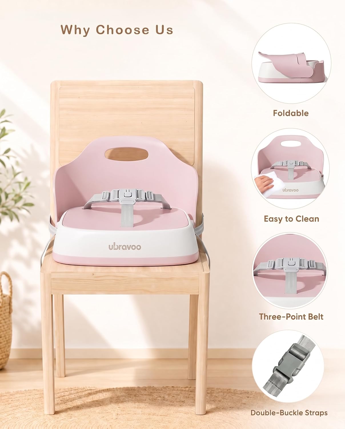 Detalle de UBRAVOO Pink Baby Booster Seat with Adjustable Straps and 3-Point Harness