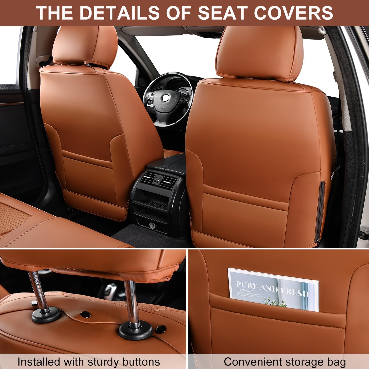 Detalle 2 de TIEHESYT Car Seat Covers Full Set: Breathable Nappa Leather Front & Rear Protection (Brown, Front Pair + Rear)