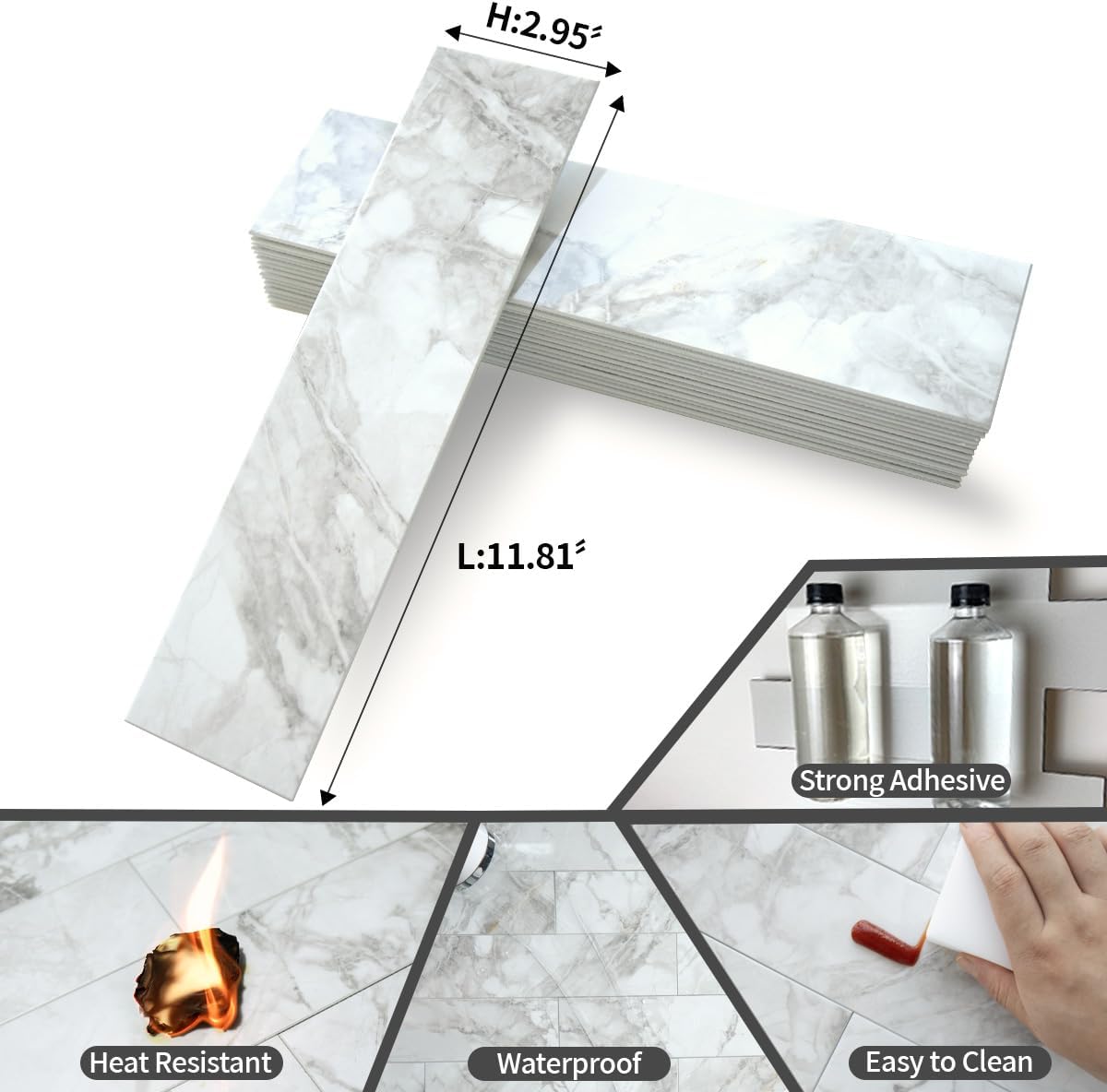 Detalle 2 de AULIGET 40-Piece Peel-and-Stick PVC Backsplash Tiles, Polished White Marble, 3" x 12