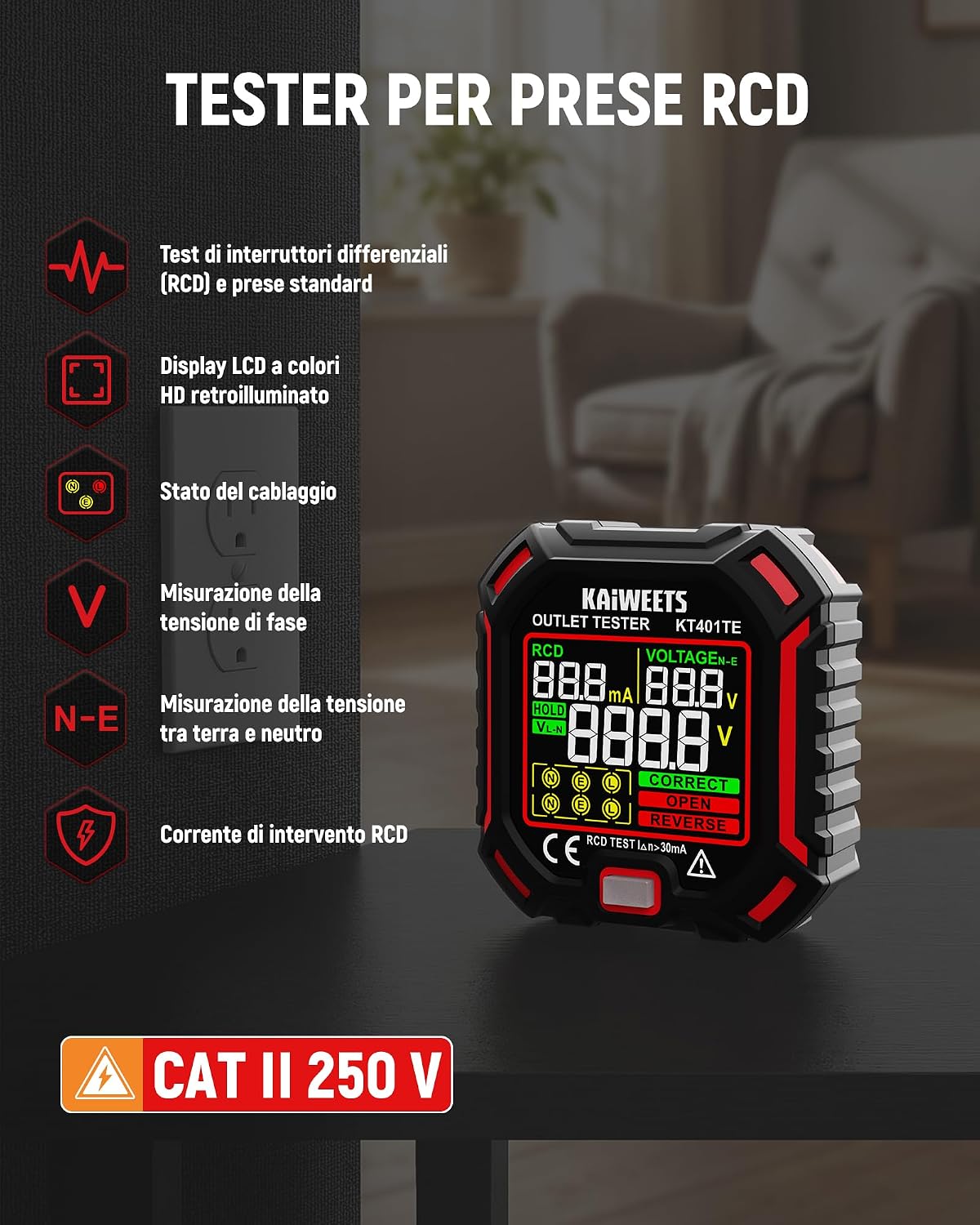 Detalle 2 de KAIWEETS Tester per prese 7-in-1 con test RCD e display LCD a colori, misurazione tensione e dispersione, 200–250 V, CAT II 300 V