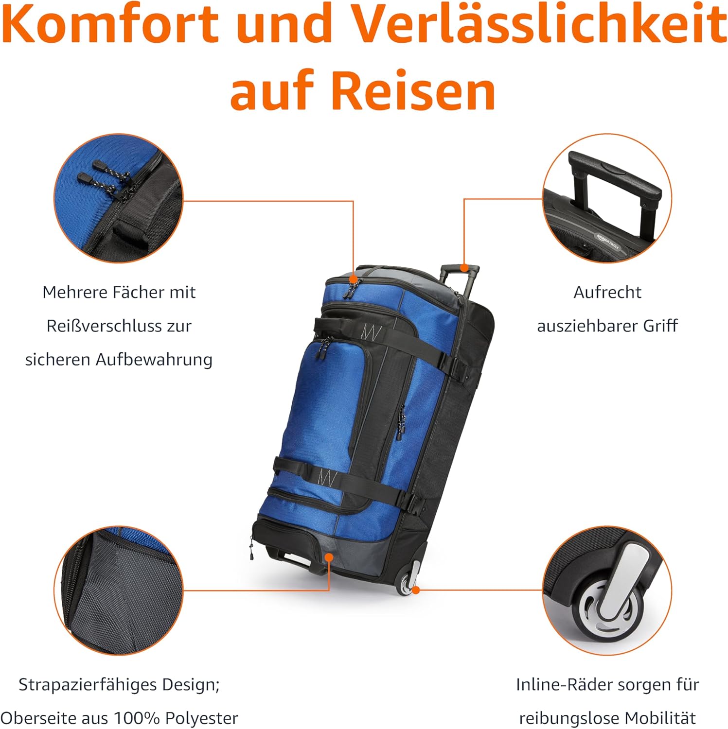Detalle 2 de Amazon Basics Reisetasche mit Rollen, 137 L – robuster Trolley aus Ripstop-Gewebe, Blau