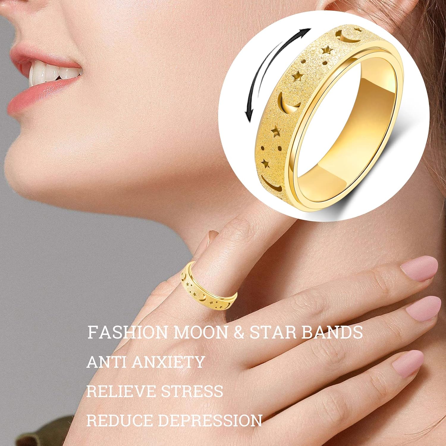Detalle de OreilleStar Anxiety Ring Spinner Fidget Thumb Ring – Moon & Star, Gold Stainless Steel