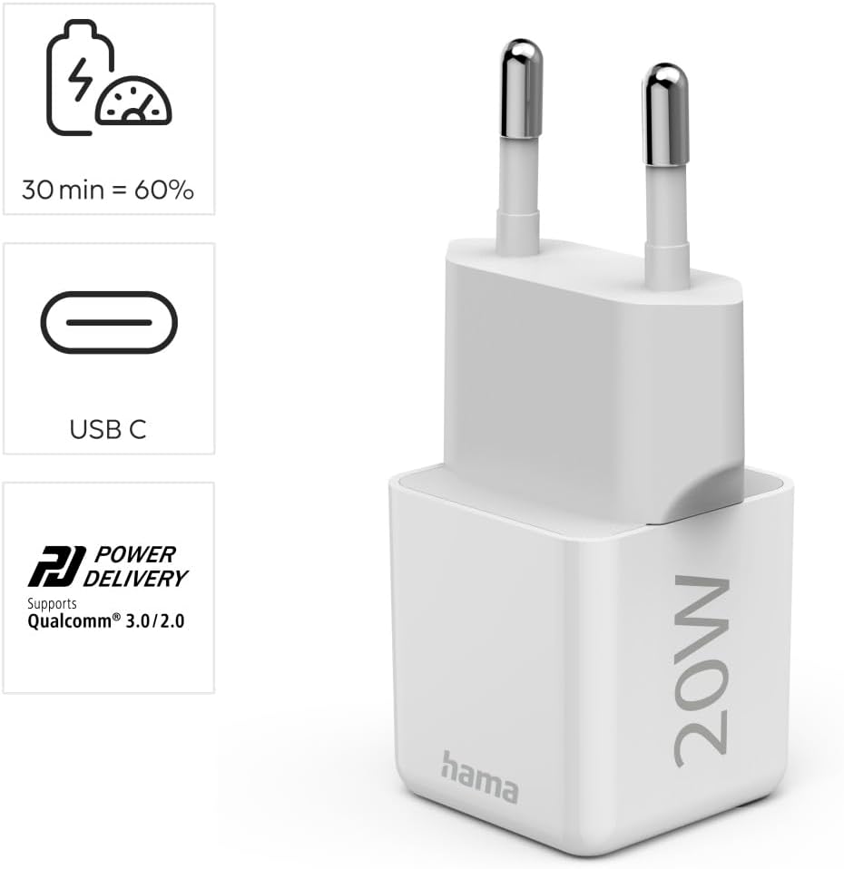 Thumbnail 1 de Hama chargeur USB-C 20W rapide (PD + QC 3.0, recharge optimisée) 1 port — compatible iPhone, Samsung et MacBook, blanc