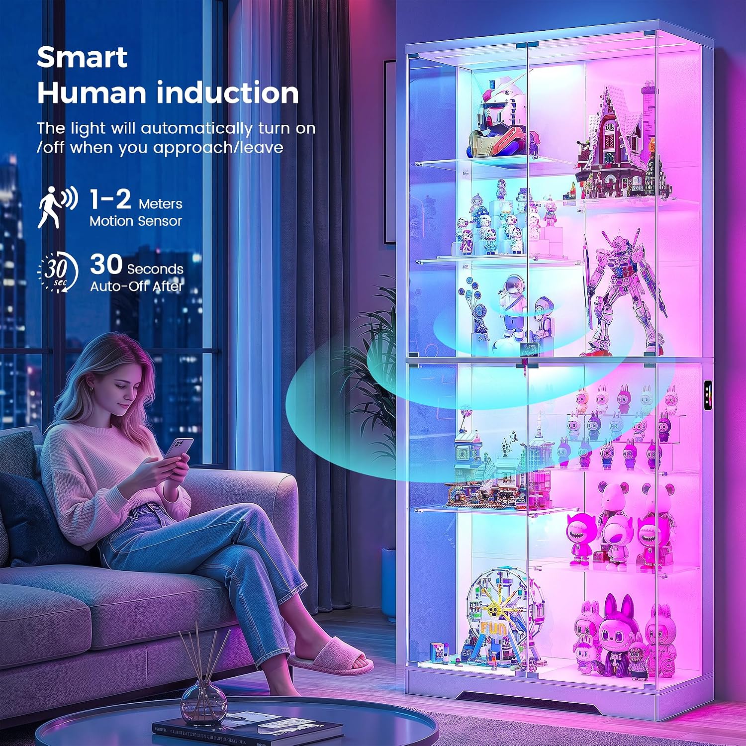 Detalle de Lvifur 10-Tier Glass Display Cabinet with RGB Lighting and Motion Sensor