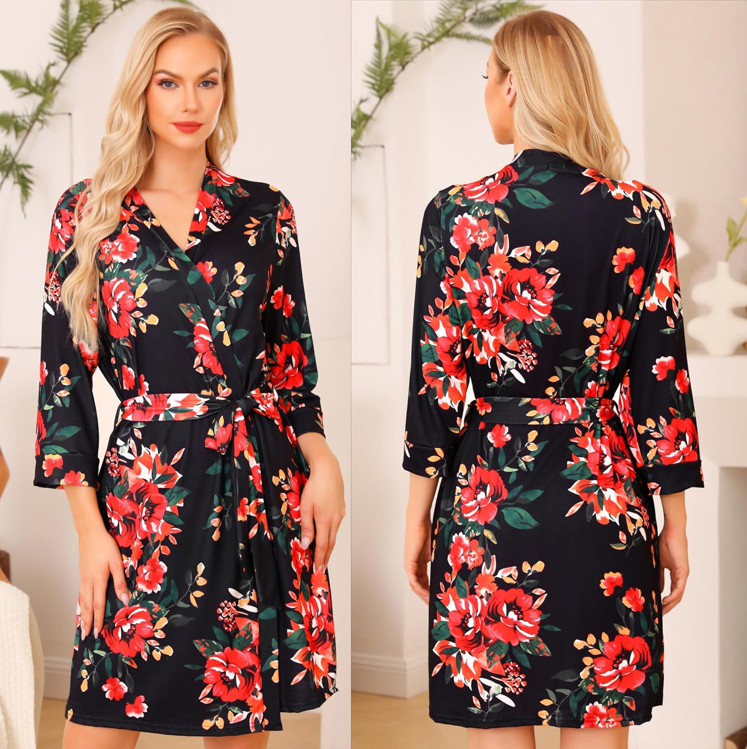 Detalle 2 de Lovasy Peignoir Court Femme Imprimé – Robe de Chambre Douce et Léger Longueur Jambes