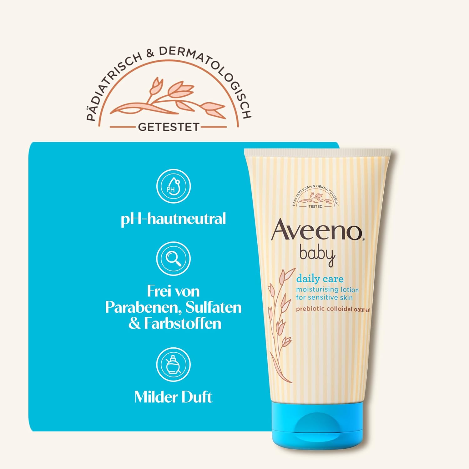 Detalle 2 de Aveeno Baby Daily Care Body Lotion mit präbiotischem kolloidalem Hafermehl (150 ml) für normale bis trockene, empfindliche Haut