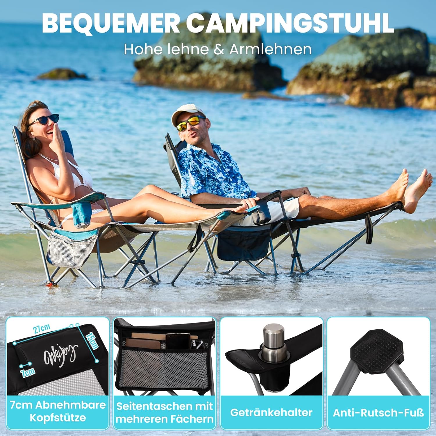 Thumbnail 5 de WEJOY 2-in-1 Campingstuhl 180 kg mit Fußstütze – 4-Verstellbare Rückenlehne, kompakt klappbar, Getränkehalter und Liegeposition