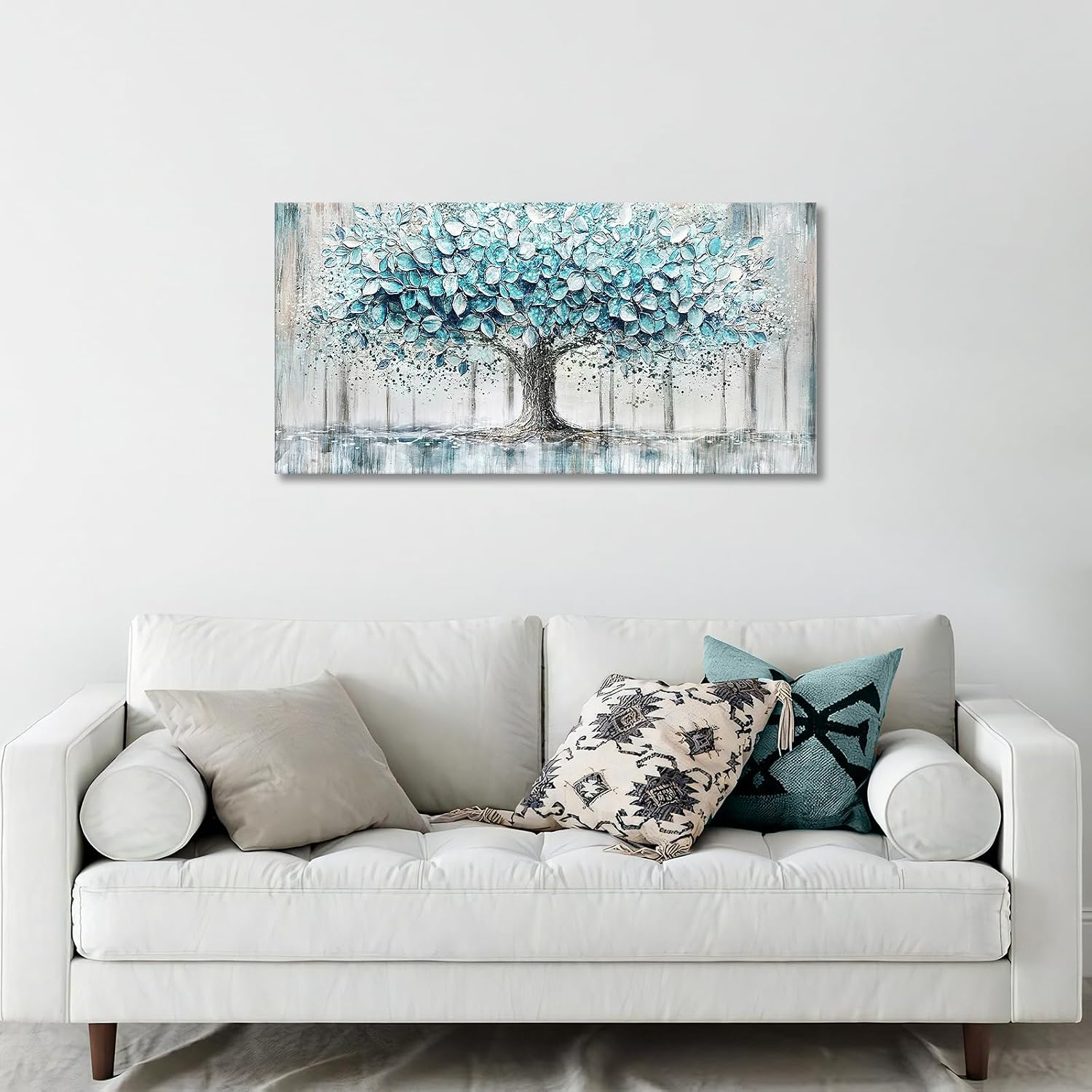 Thumbnail 2 de Grau Blau Lebensbaum Leinwandbild mit Rahmen – Abstrakte Texturkunst, 50×100 cm