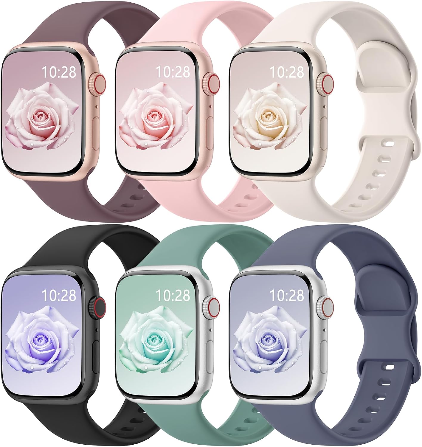 Detalle de HEARTBOOM 6-Pack Silicone Sport Bands for Apple Watch, Adjustable Multi-Color Set