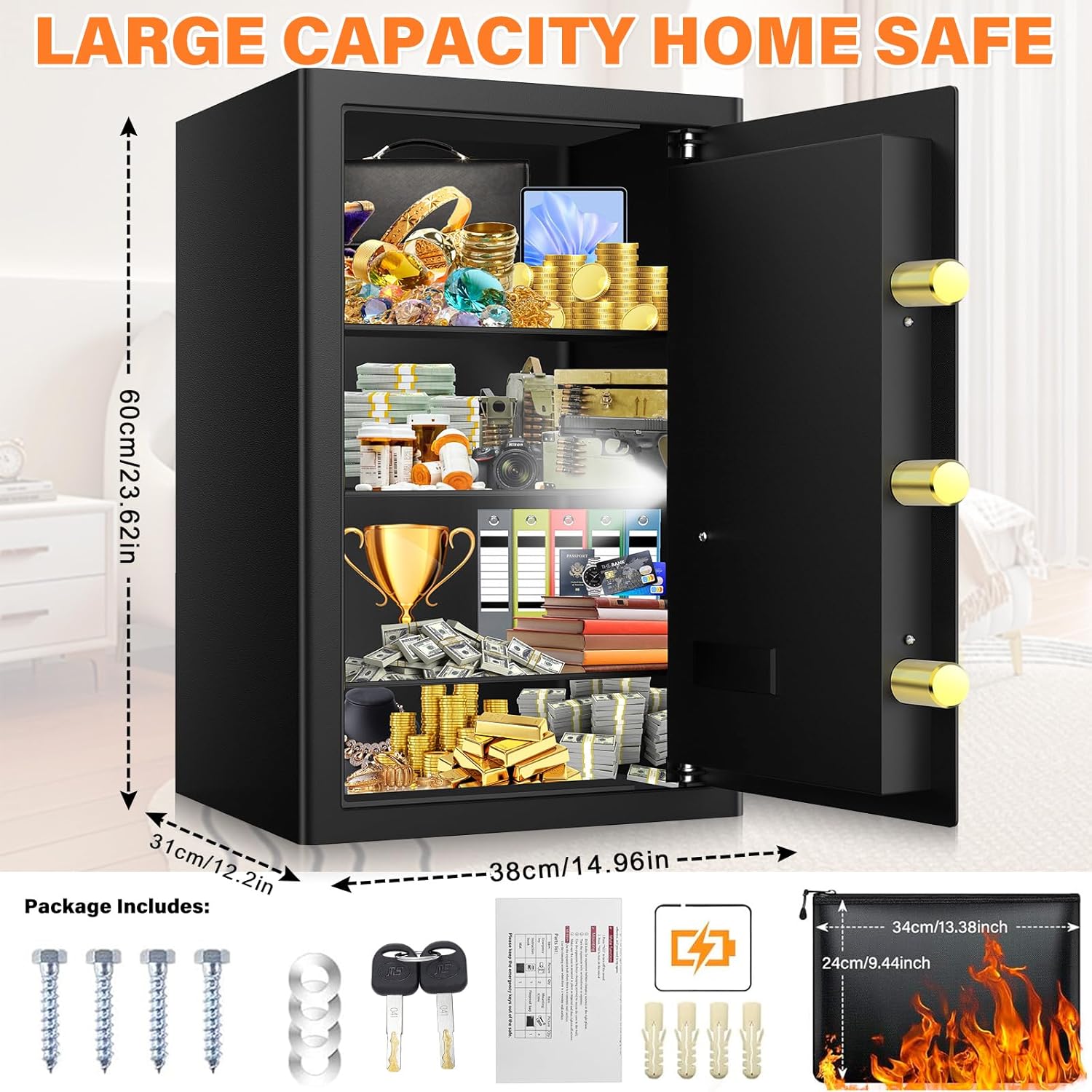 Thumbnail 1 de 80L Large Safe Box with Document Bag – Secure Home Safe with Removable Shelves