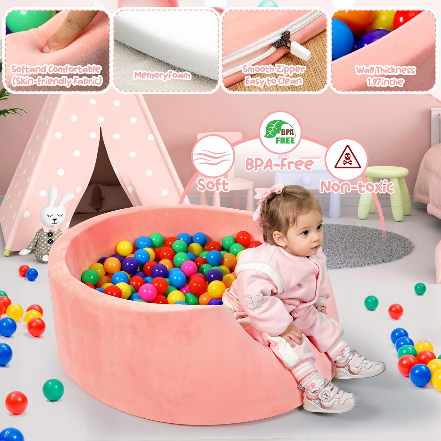 Thumbnail 5 de Foam Baby Ball Pit (35.4 x 11.8 in) Memory Sponge with Zip-Off Cover, Pink—Balls Not Included