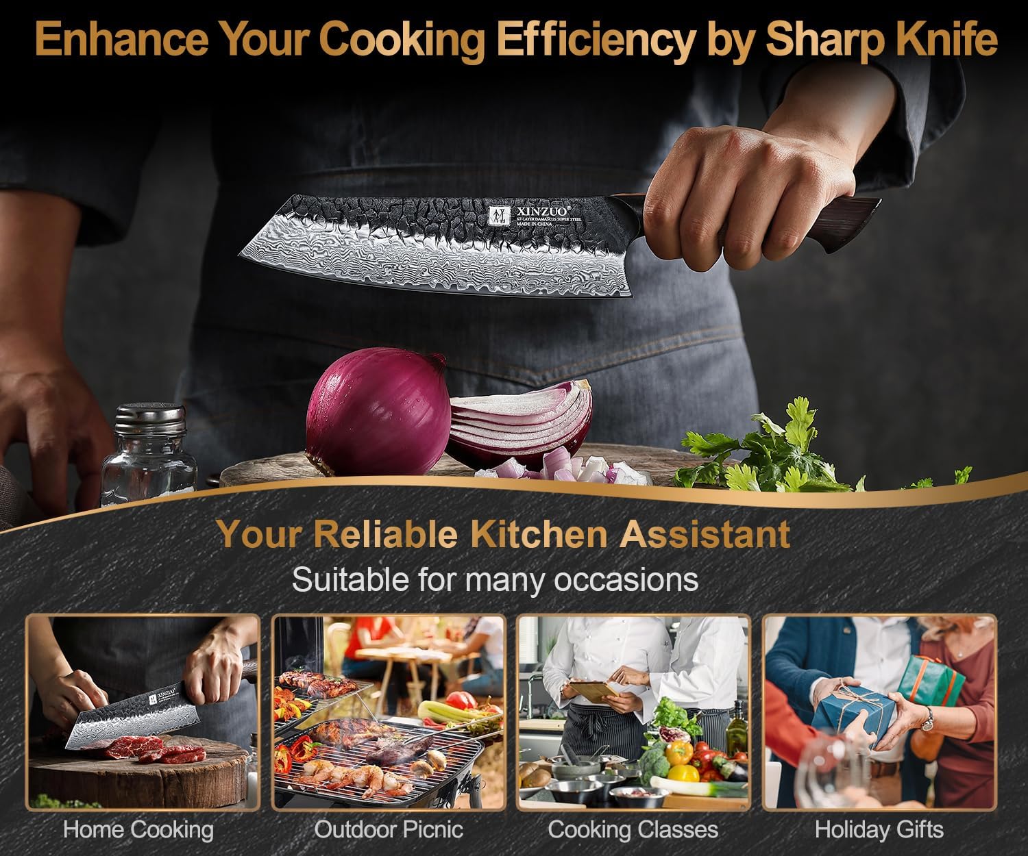 Thumbnail 6 de Couteau de chef Kiritsuke XINZUO 21,1 cm en acier damas 67 couches avec manche en chêne blanc