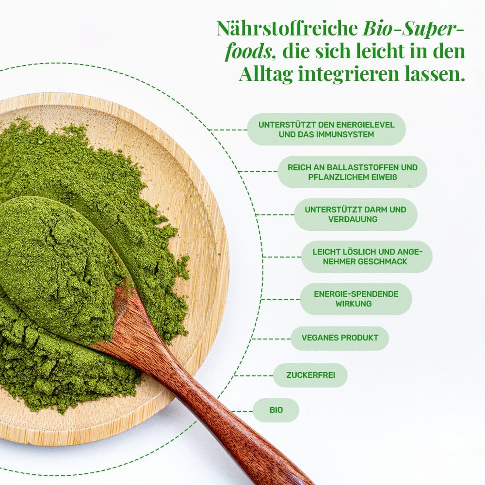 Detalle 2 de UKKO Vital Greens 500 g Superfood-Pulver mit Spirulina, Matcha und Weizengras