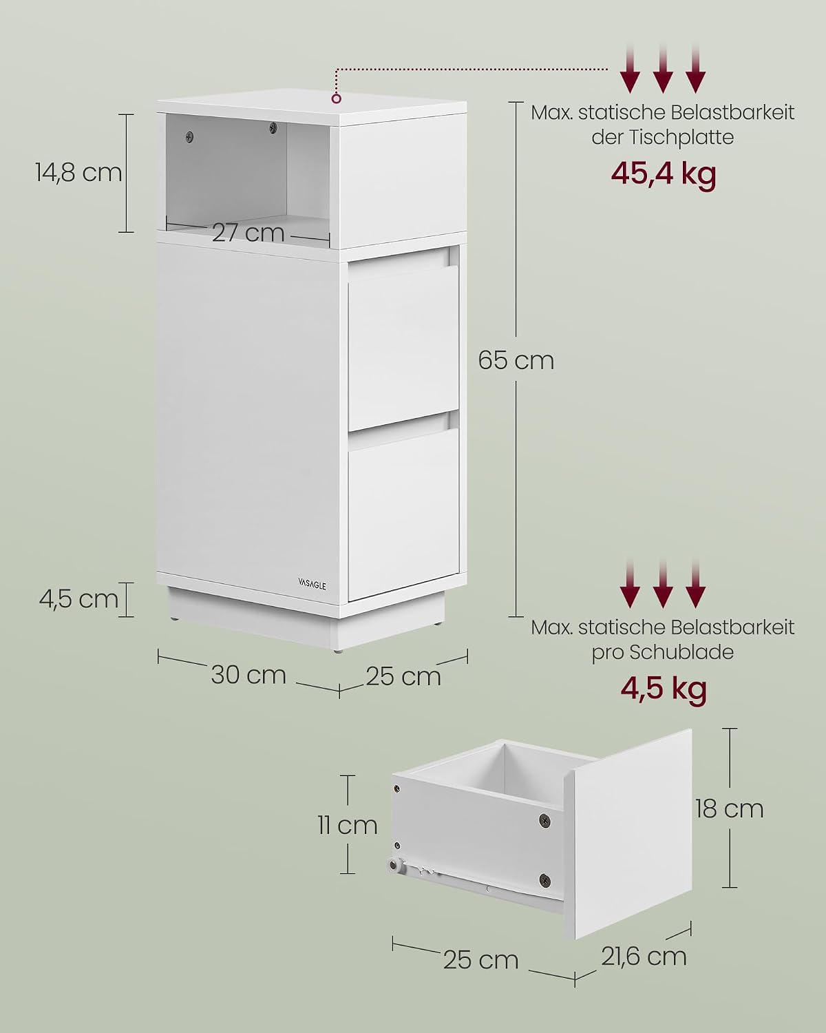 Thumbnail 2 de VASAGLE Nachtischschrank schmal mit 2 Schubladen, flexibles offenes Fach links/rechts – wolkenweiß LET656W01