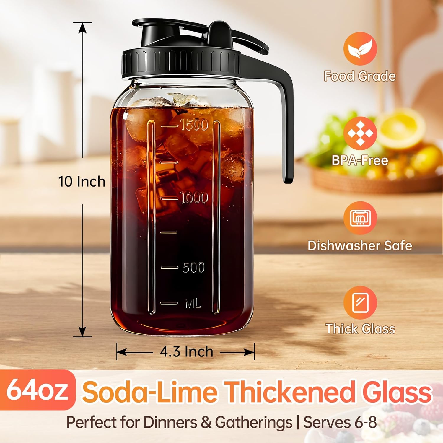 Thumbnail 1 de 64oz Glass Pitcher with Lid & Spout (2 Quart Mason Jars) – Airtight & Leakproof Breastmilk Pitcher