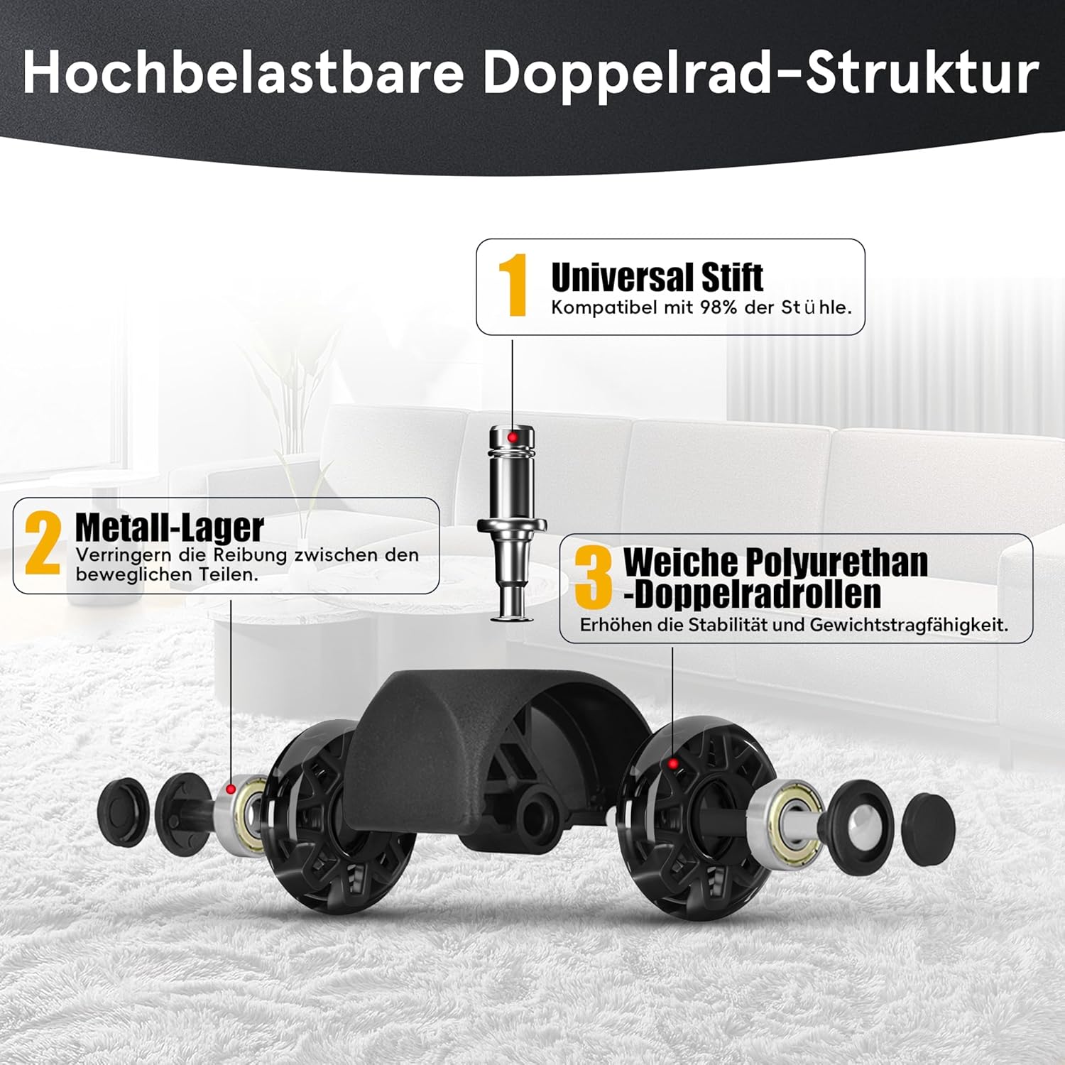 Thumbnail 2 de Mastery Mart Set di 5 ruote per sedie da ufficio, 11 mm, 70 mm, ruote per pavimenti duri, compatibilità 98% e protezione del parquet