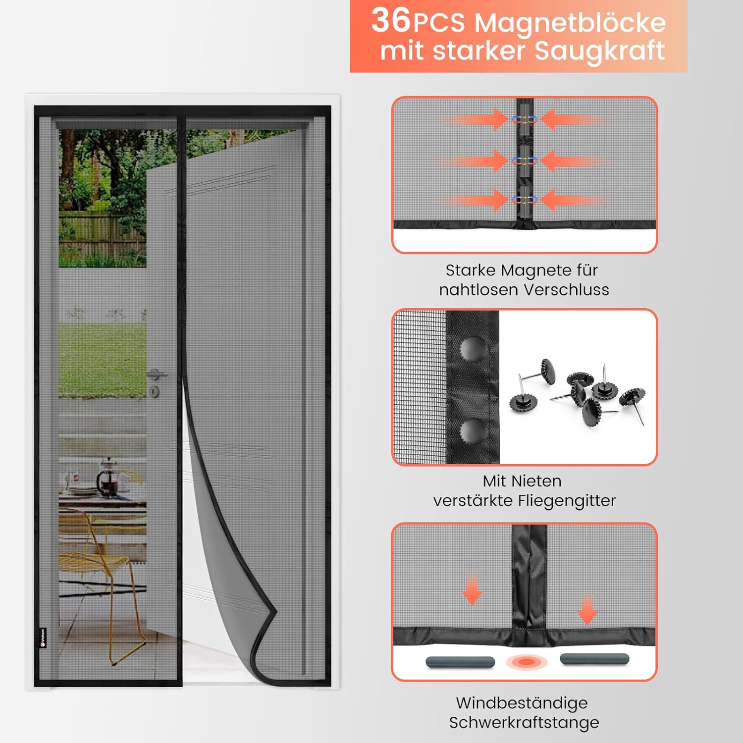Thumbnail 2 de Schnellschließen Fliegengitter Balkontür Magnet (80×210 cm) mit starken Magneten – ohne Bohren, 3,8 cm Klettband, Schwarz