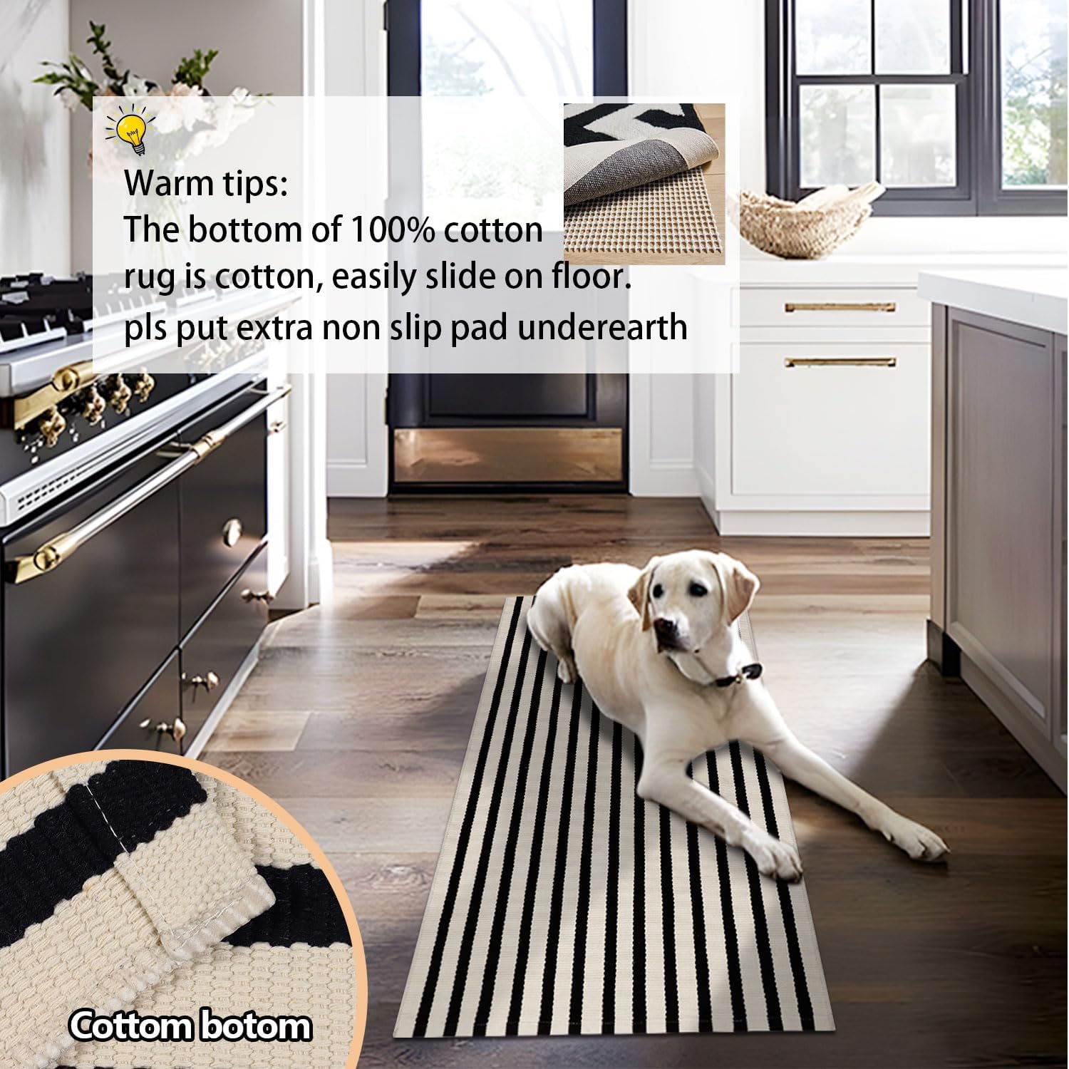 Detalle 2 de Rustaa STRIPED Handwoven Door Mat, 2 ft x 4.2 ft, Black and Beige