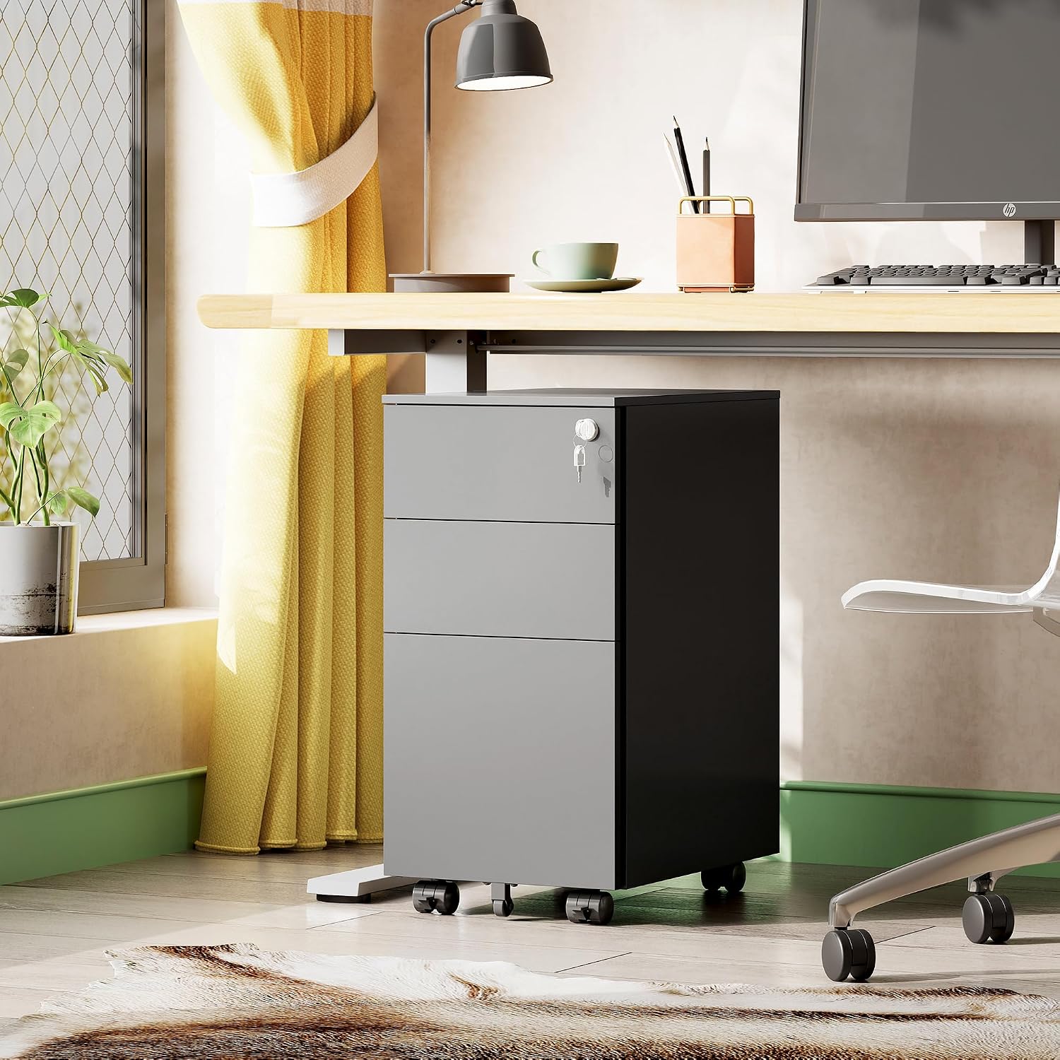 Detalle de DEVAISE 3-Drawer Mobile File Cabinet, Locking Steel, Letter/Legal/A4 File Storage
