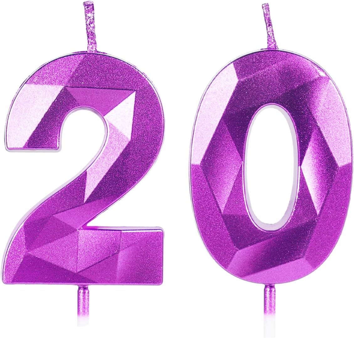 Purple 20th Birthday Candles for Cake – 3D Number 20 Topper (Two Pieces)