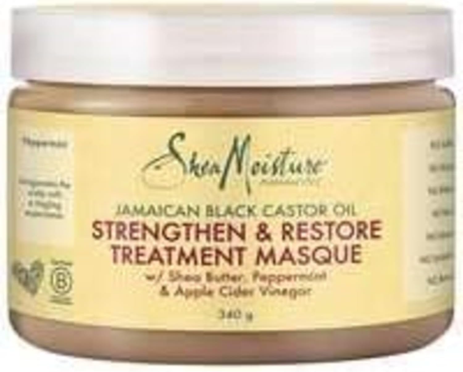 Detalle de SheaMoisture Maschera Strengthen & Restore (355 ml) per capelli trattati, sfibrati e ricci