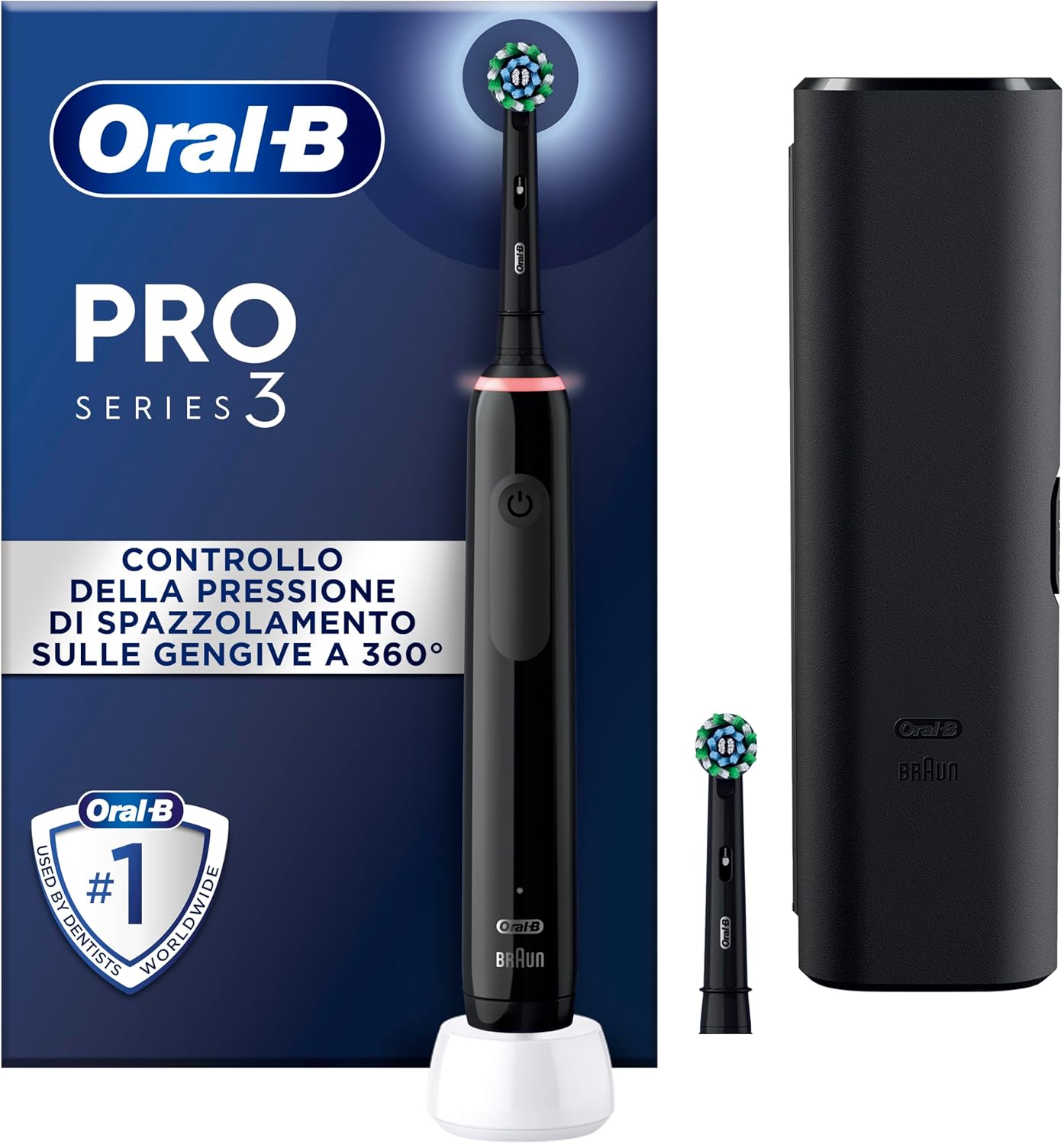 Detalle de Oral-B Pro Series 3 Spazzolino Elettrico: 2 Testine di Ricambio, Custodia da Viaggio, Nero