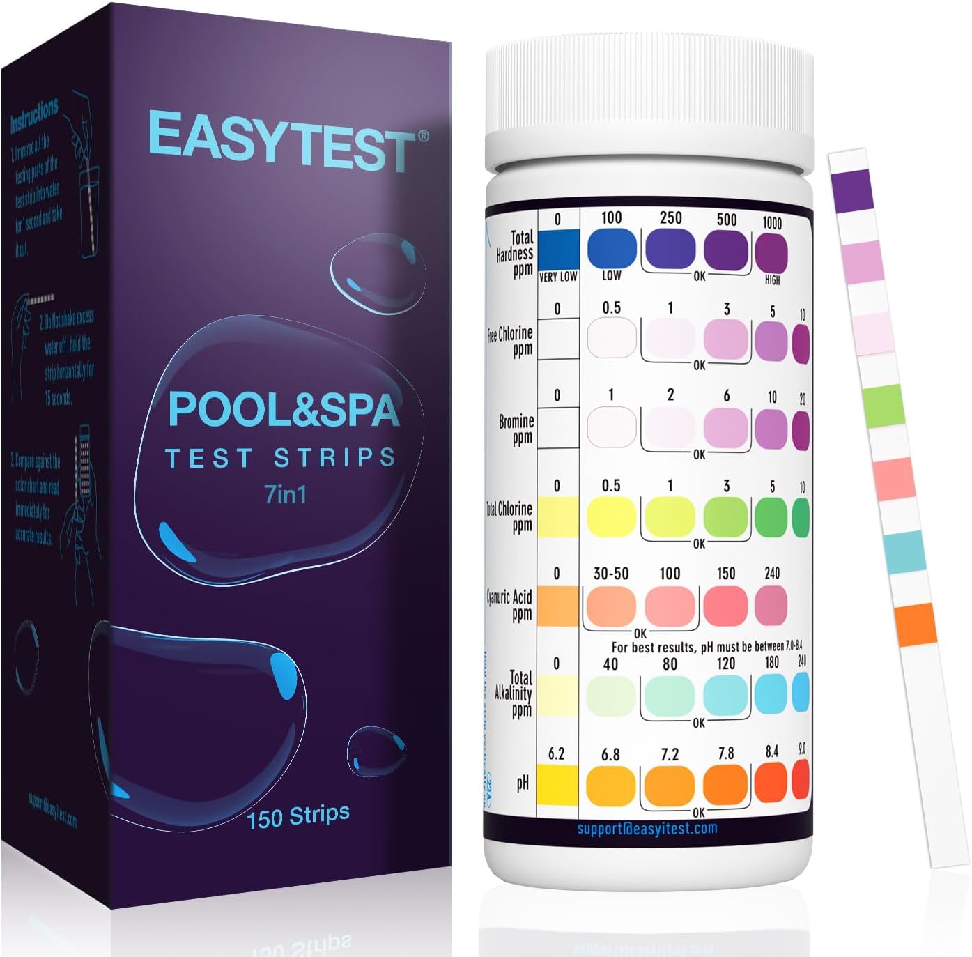 Detalle de EASYTEST 7 in 1 Pool Test Strips zwembadteststrips, 150 stuks voor 7 waterwaarden