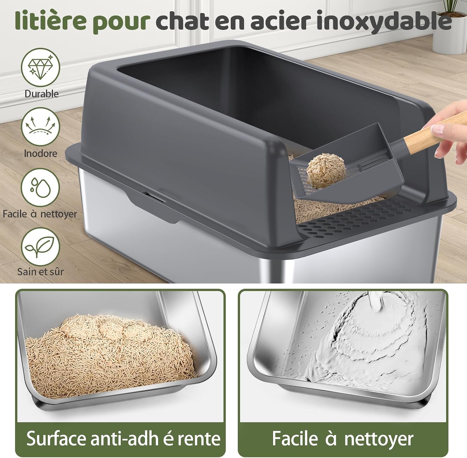Detalle 2 de Gimars XXL Bac à litière inox 37L 🐾