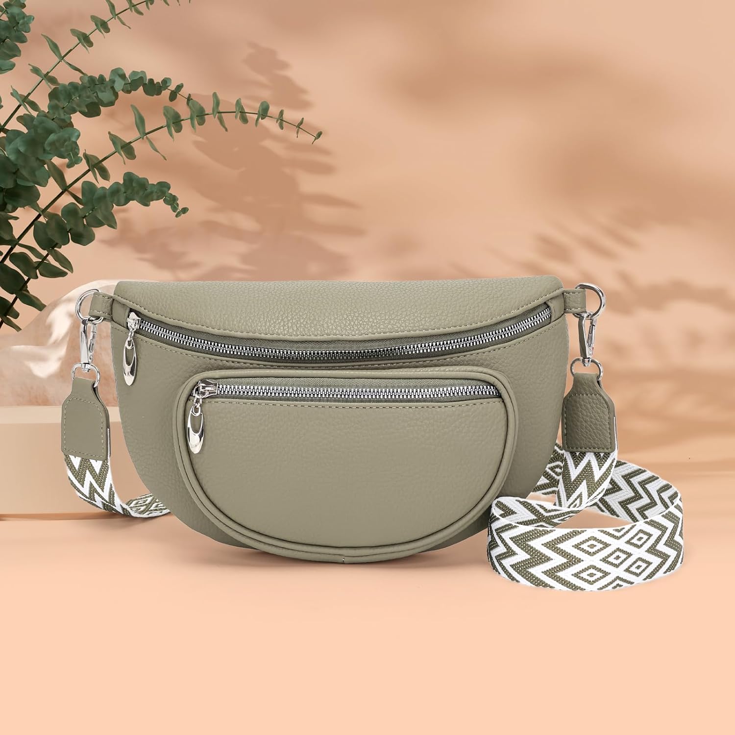 Detalle de Snmoec Bauchtasche Damen/Gürteltasche als Crossbody Bag mit Handytasche – mittelgroß, Grau/Grün