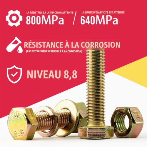 Detalle de Kit YEEZET de boulons et écrous hexagonaux 1092 pièces – 21 tailles M4–M10, finition zincée jaune, boîtier de rangement